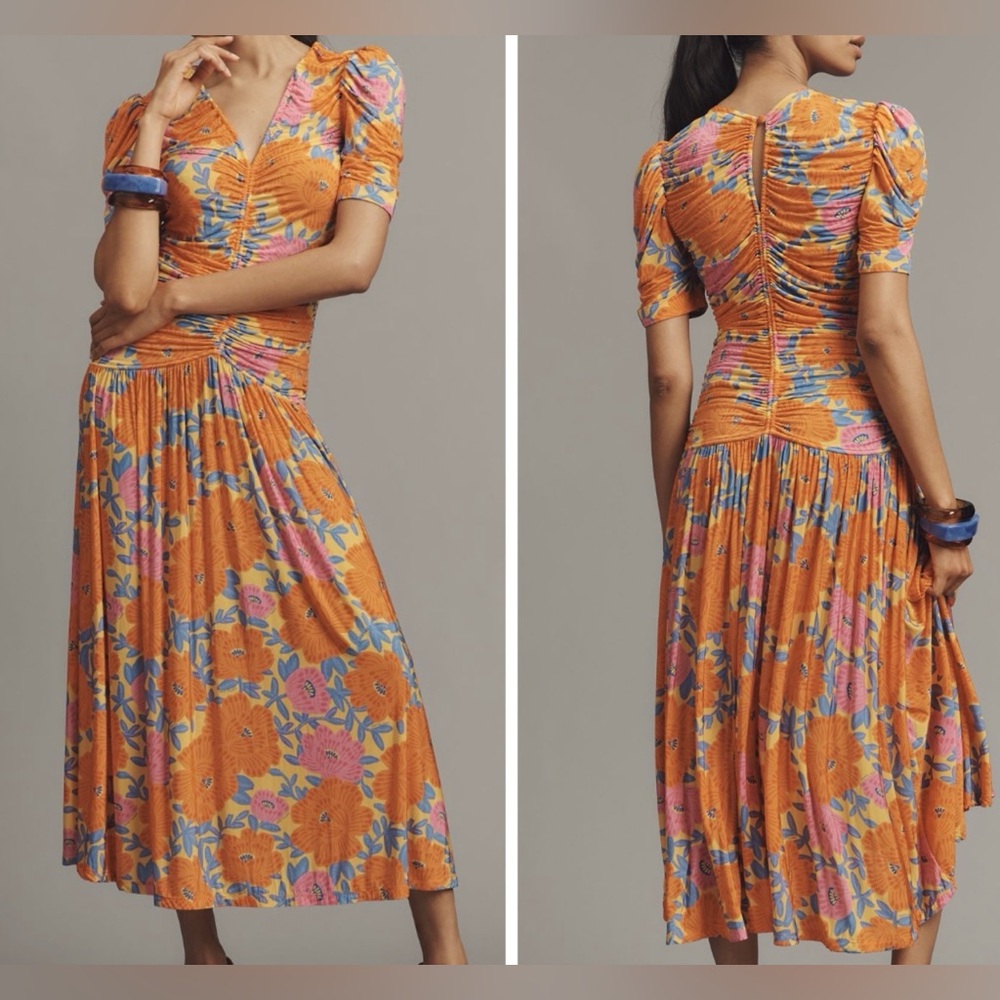 Farm Rio V-Neck Floral Ruched Mesh Midi Dress, Size M